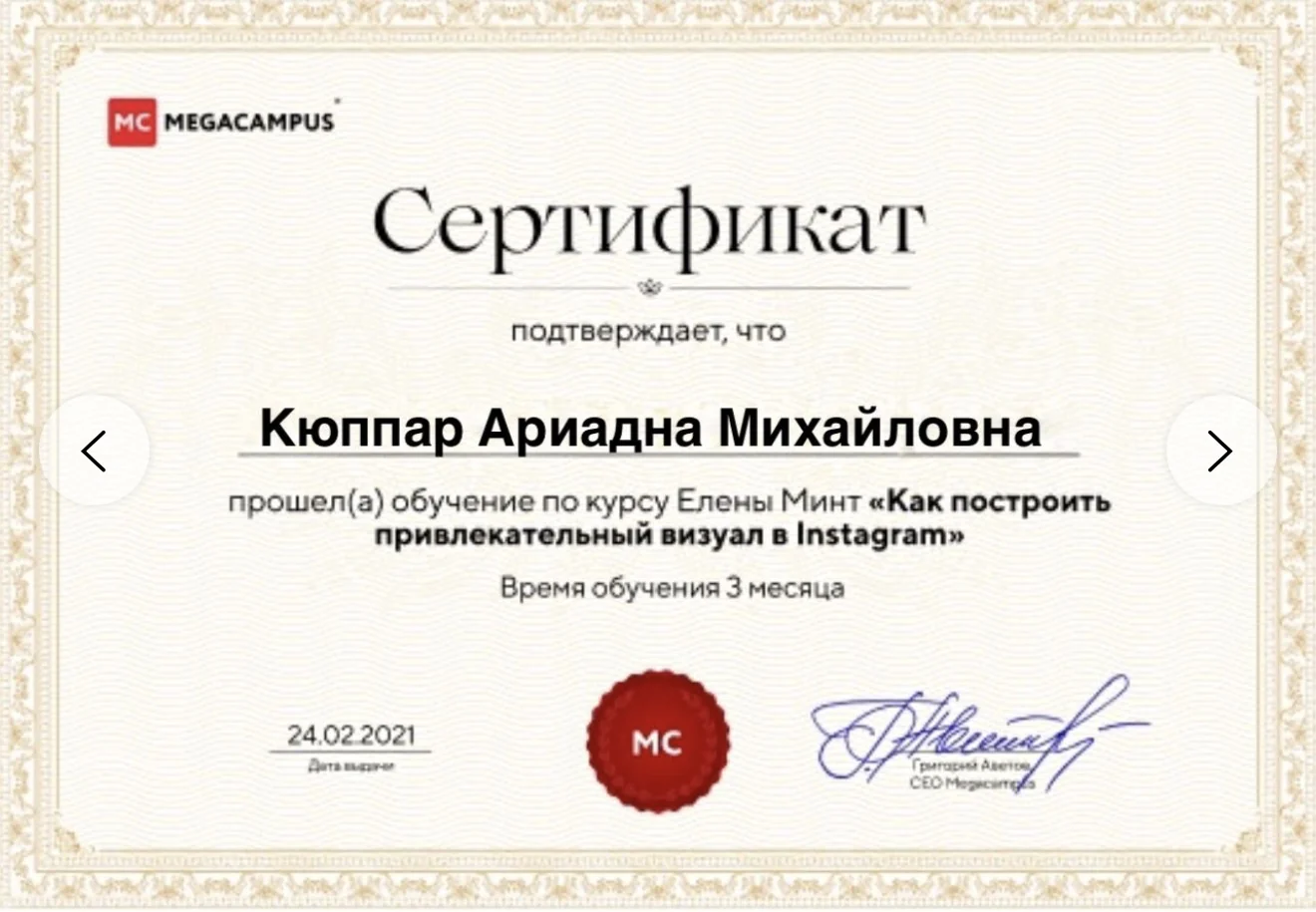 Instagram visuals course certificate awarded to Ariadna Kuppar