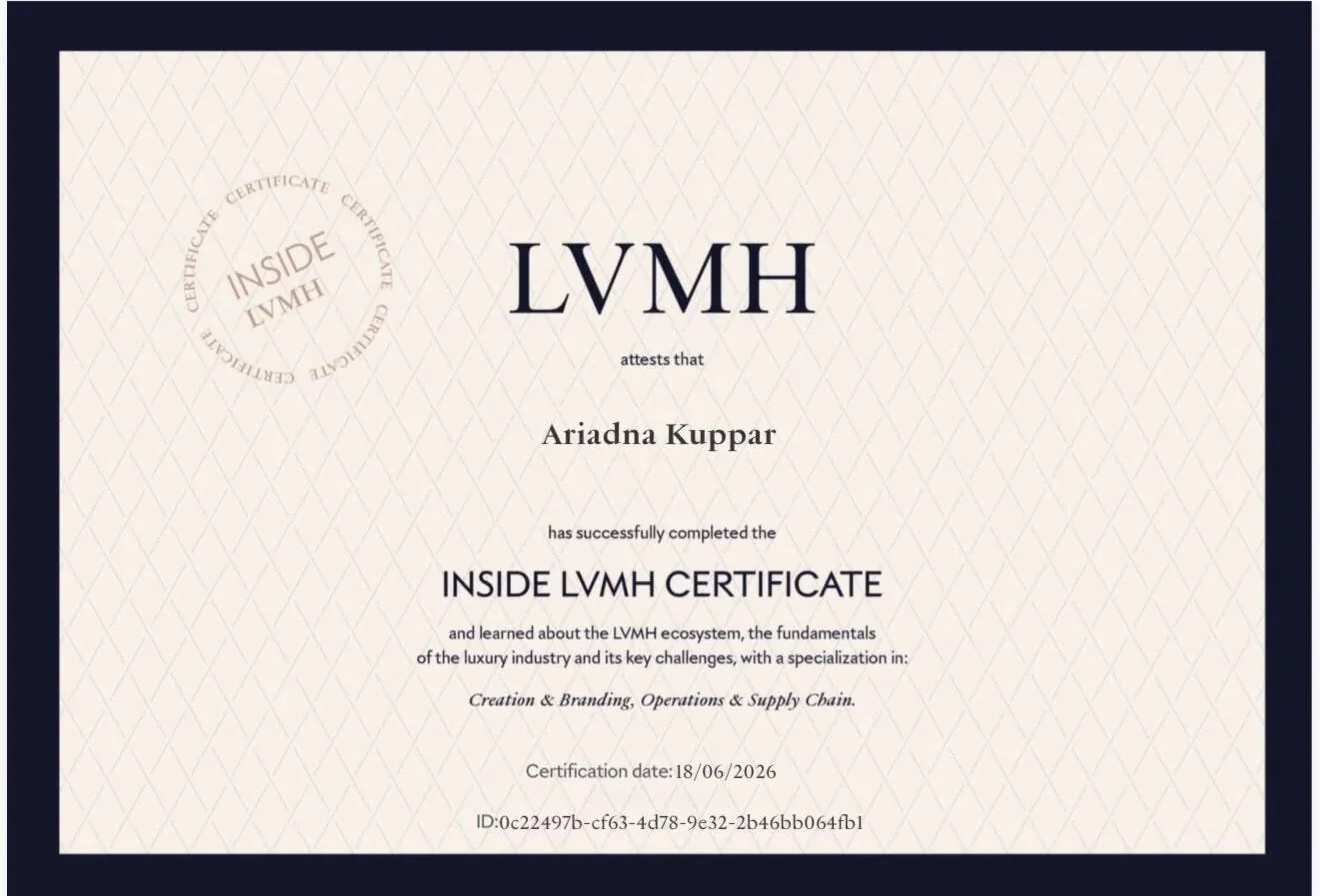 Inside LVMH Certificate awarded to Ariadna Kuppar