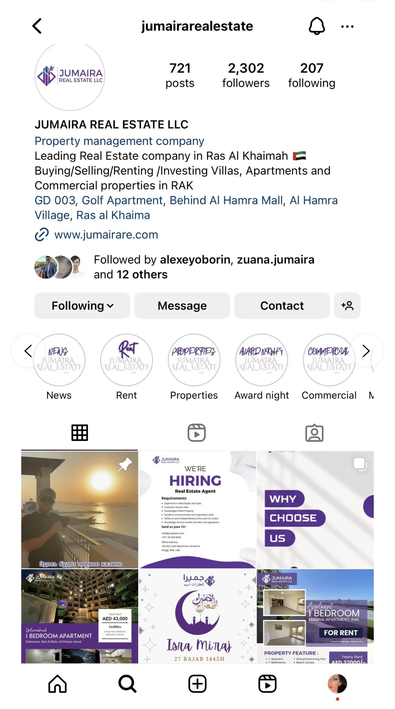 Instagram profile snapshot for Jumaira Real Estate