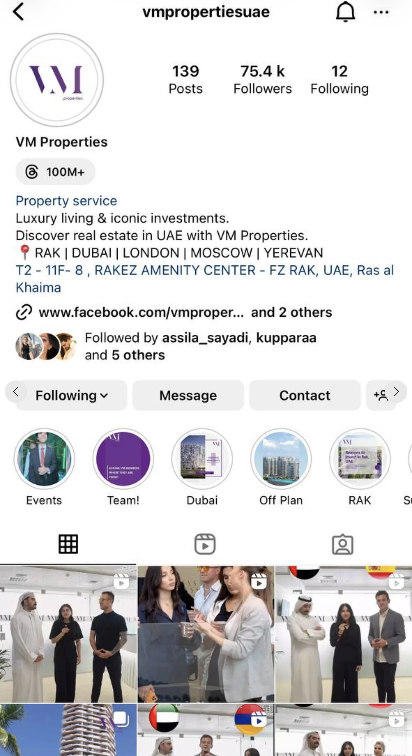 Instagram profile snapshot for VM Properties